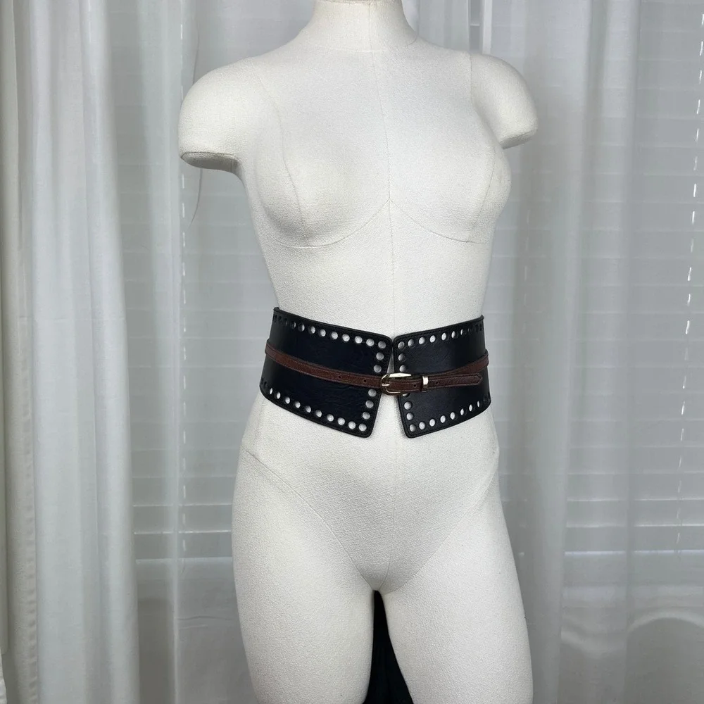 Womens Leather Black Brown Wide‎ Corset Waist Belt Snap Buckle Closure western S